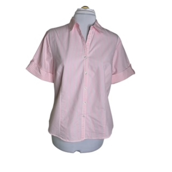 NWOT Pink/White Pinstripe Short Sleeve Button Down Shirt Size L (12-14) - Picture 1 of 7
